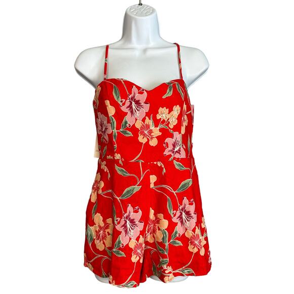 Revolve Red Linen Romper Tropical SMALL Cottage Vacation Privacy Please $178 NEW - Picture 5 of 7